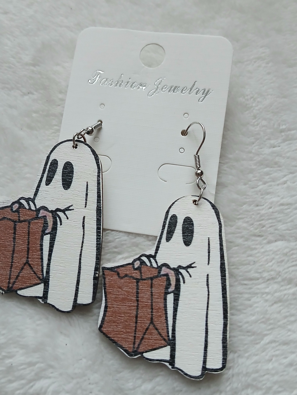 Ghost Trick-or-Treat Wooden Dangle Earrings - NWT on Card